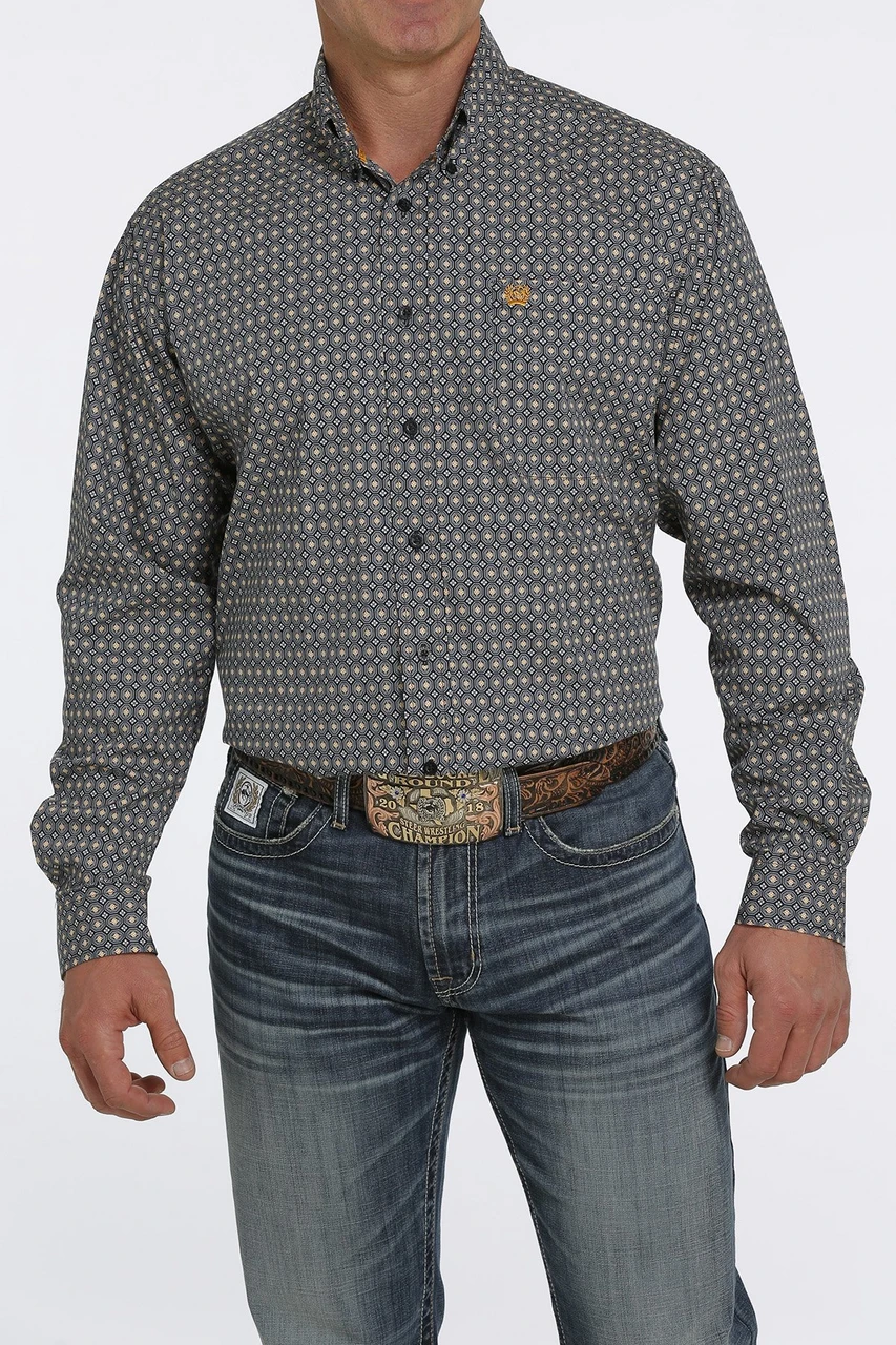 Men's Cinch Navy Geo Pattern Button Down Shirt #MTW1105449 1 Men's Cinch Navy Geo Pattern Button Down Shirt #MTW1105449